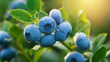a bunch of blueberries on the stalk with dew on the leaves and fruits, beautiful summer 