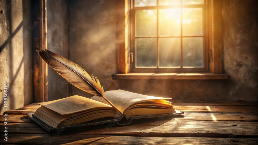 Poster A quill pen rests on an open antique book bathed in warm sunlight streaming through a rustic window