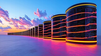 Fototapeta premium Futuristic Data Storage Silos with Vibrant Neon Lights at Sunset