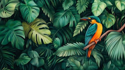 Lush tropical plants wallpaper design featuring a vibrant jungle background with large green leaves and a colorful bird in a serene backyard landscape mural