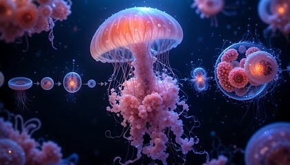 Obraz premium Stunning 3D Render of a Jellyfish Life Cycle, from Planula to Medusa Stage, Detailed Cellular Processes Shown