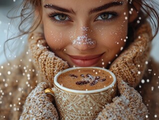 Naklejka premium Cheerful Woman Enjoying Cozy Holiday Moments with Hot Cocoa and Falling Snowflakes
