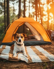Jack Russell Terrier Relaxing on Blanket Near Camp Tent in Forest