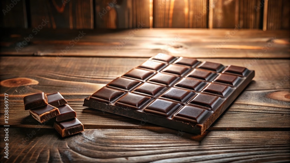 Poster A delectable dark chocolate bar rests on a rustic wooden surface, accompanied by several broken pieces, creating a tempting display of rich, smooth chocolate.