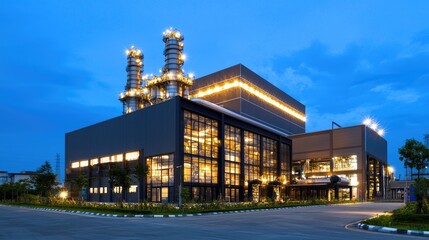 Obraz premium Modern power plant at dusk, industrial complex, energy production