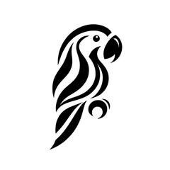 Abstract Parrot: Black and White Bird Design.  Stylish vector graphic, perfect for logo, symbol, or artistic print.  Exotic bird illustration.