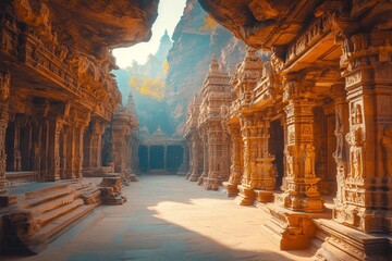 Ancient sandstone temple corridor, India; morning sun