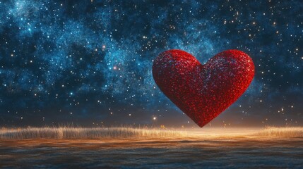 Fototapeta premium Glittering Red Heart in Starry Night Sky Over Calm Landscape