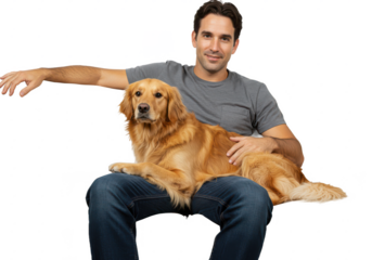 man sitting on a beige sofa with a dog, isolated on white background, front view, no depth of field, sharp