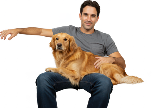 man sitting on a beige sofa with a dog, isolated on white background, front view, no depth of field, sharp