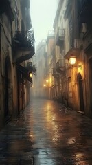 Fototapeta premium Foggy alleyway at night, illuminated by warm lamplight reflecting on wet cobblestones.