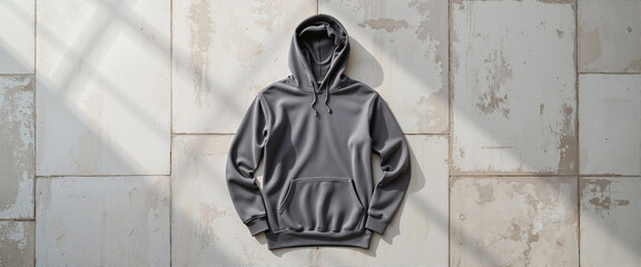 Gray hoodie mockup on textured concrete floor, modern apparel showcase