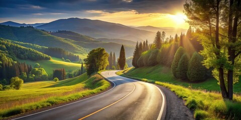 Fototapeta premium Serene Sunset Drive Through Rolling Hills and Lush Forests