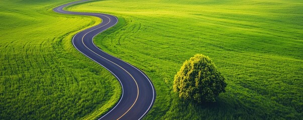 Countryside roads nature concept. A scenic winding road through lush green fields under a clear blue sky.