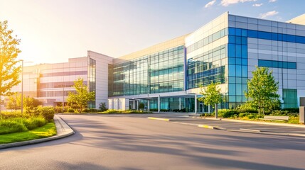 Obraz premium Modern Hospital Isolation Ward Exterior, Clean Minimalist Design, Large Glass Windows, Sterile Environment, Well-maintained Greenery, Clear Sky, Soft Sunlight 