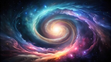 A swirling cosmic nebula with vibrant colors and a bright central core