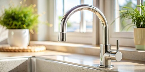 Modern kitchen faucet with sunlight reflecting on its polished chrome finish