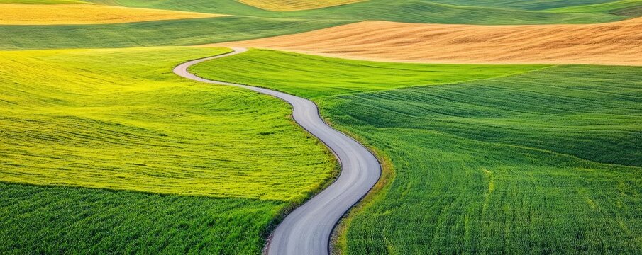 Countryside roads nature concept. A winding road through lush green fields and golden fields under a bright sky.