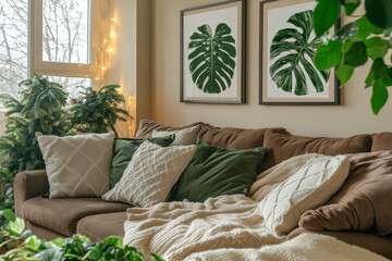 Stylish living room with brown sofa, green cushions, botanical wall art, and natural decor for a cozy and modern home interior