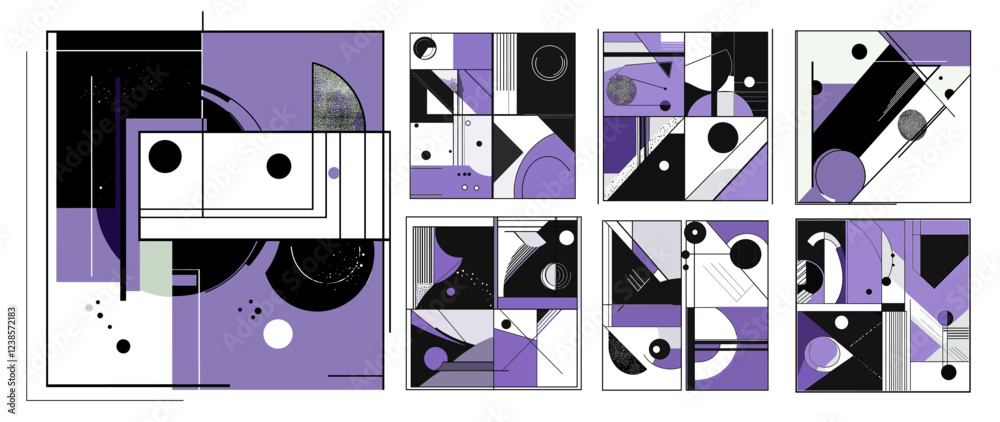 Poster Geometric frames abstract vector set. Circles lines borders square linear conceptual structured overlay patterns designs angular posters, isolated illustrations on white background