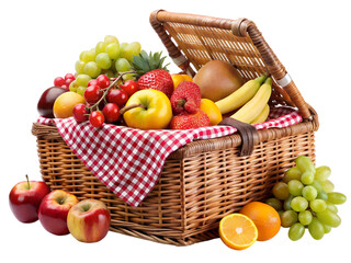 Picnic basket full of fruit isolated on Transparent Background.