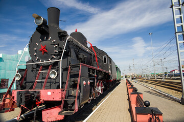 Wheels of an old locomotive. Chassis of a steam locomotive.