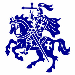 Knight in Armor Riding a Horse, Holding a Sword and Shield with Cross Symbol