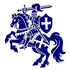 Knight in Armor Riding a Horse, Holding a Sword and Shield with Cross Symbol