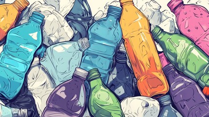Colorful Digital Illustration of Crushed Plastic Bottles and Waste