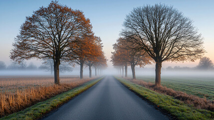 Obraz premium A long, empty road disappearing into the soft morning fog, surrounded by quiet trees, evoking a peaceful yet mysterious atmosphere. 