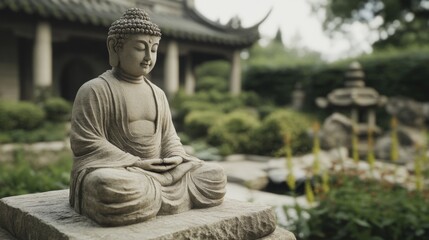 Obraz premium Serene Buddha statue in tranquil garden, peaceful background, meditation, spiritual