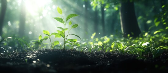 Fototapeta premium ** Sunlit Forest Floor with Young Green Plants and Soft Light Filtering Through Trees in a Serene Natural Setting..**