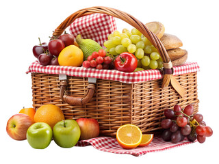 Picnic basket full of fruit isolated on Transparent Background.