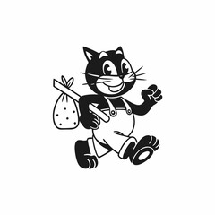 Cartoon Cat with a Bundle on a Stick, Wearing Overalls, Walking Cheerfully