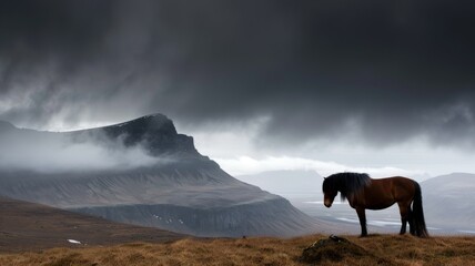 Icelandic Horse: A majestic Icelandic horse, with its long mane flowing. The background features rugged volcanic terrain with moss-covered rocks and a dramatic cloudy sky. 