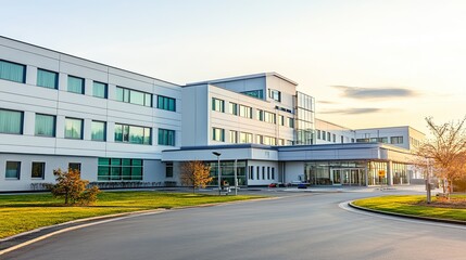 Fototapeta premium Modern Hospital Isolation Ward Exterior, Clean Minimalist Design, Large Glass Windows, Sterile Environment, Well-maintained Greenery, Clear Sky, Soft Sunlight 