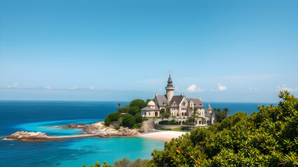 Naklejka premium Island, sea, luxurious hotel, beach, house, castle, Generative AI