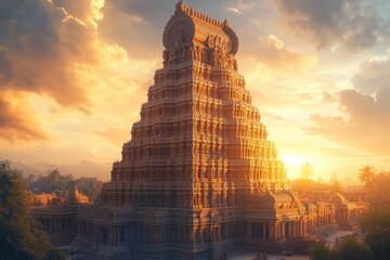 Sunrise over ancient Indian temple, peaceful landscape