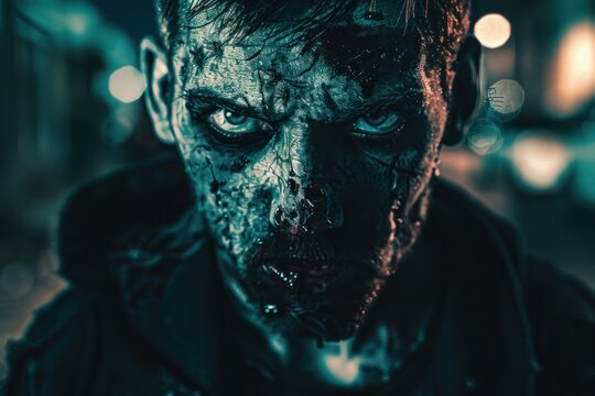 zombie man portrait undead at night time face wound scratched blood halloween