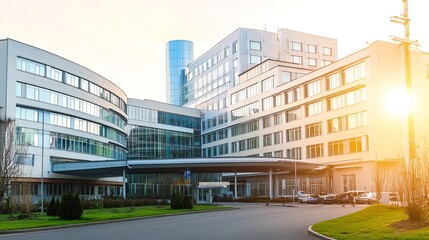 Fototapeta premium Contemporary Medical Facility with Minimalist Aesthetics, Featuring Large Windows and a Sterile Setting, Surrounded by Greenery and Soft Sunlight 