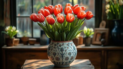 Red tulips in a patterned vase on a wooden table by a window.