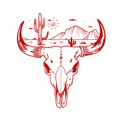Desert Landscape with Bull Skull, Cacti, and Sun in Red Line Art Style