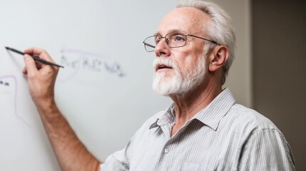 Senior mathematics professor writing formula on whiteboard. Ideal for education expertise, academic teaching, and knowledge sharing content.