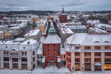 Winter scenery of the city of Slupsk at dusk, Poland.