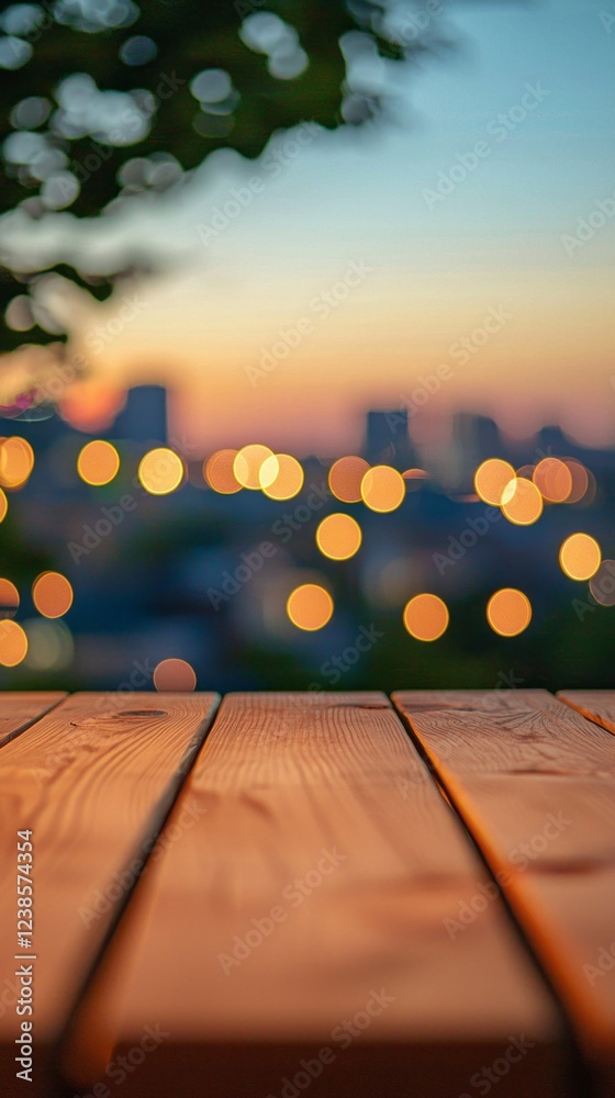 Poster golden hour casts a warm glow over a rustic wooden table, with city lights sparkling softly in the b
