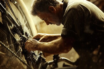A seasoned bike mechanic meticulously repairs a bicycle's rear derailleur, showcasing expertise and dedication.