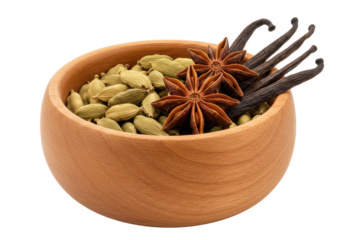wooden bowl of cardamom with star anise and vanilla pods, isolated on white background, front angled view, no depth of field, sharp.