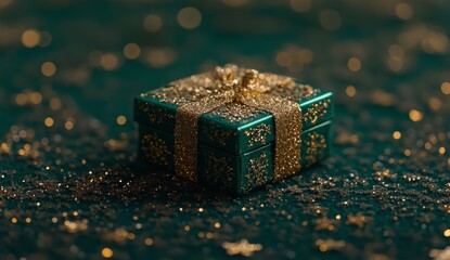 Obraz premium Close up of a small, dark green gift box adorned with gold glitter and a gold ribbon, resting on a bed of gold and green glitter. Soft, bokeh