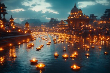 Evening river festival, glowing lamps, temple backdrop