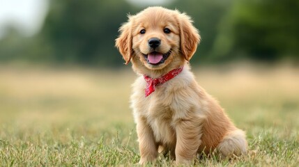 Playful golden retriever puppy outdoor park pet photography natural setting adorable viewpoint joyful concept
